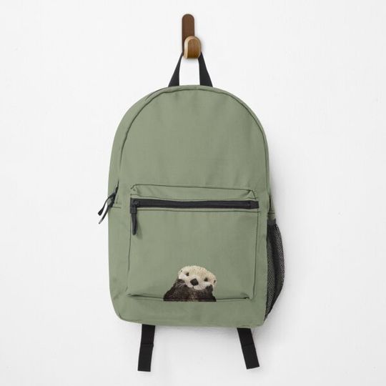 Discover Cute Sea Otter on Sage Green Solid. Minimalist. Clean. Coastal. Adorable Backpack