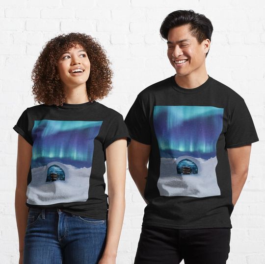 Discover Blue Northern Lighs Sky Above A House In The Snow Classic T-Shirt