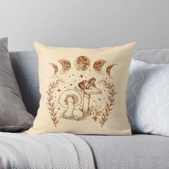 Discover Cottagecore Aesthetic Frog Mushroom Witchy Moon Starry Night Throw Pillow