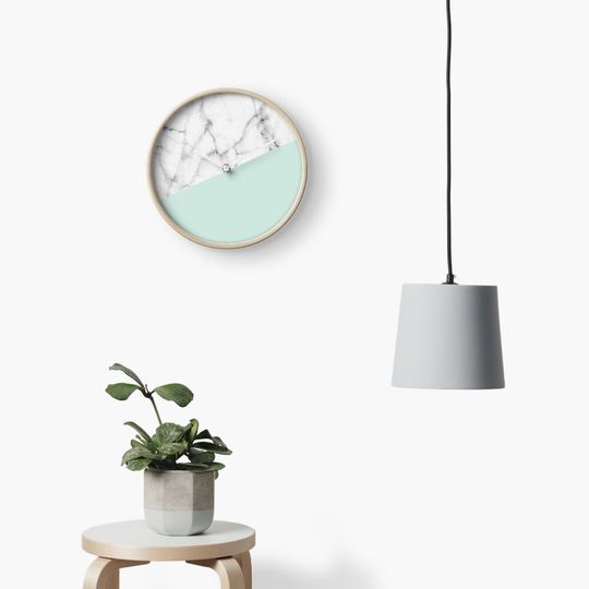 Discover Real White marble Half pastel Mint Green Clock