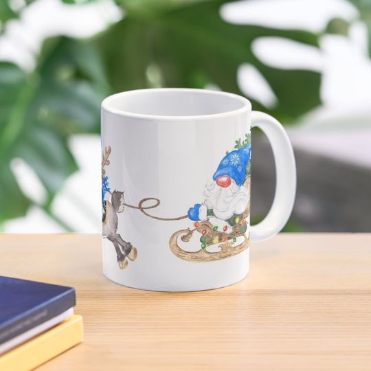 Discover Gnome Christmas Little Blue Cute Gnome Riding Sleigh With Baby Deer Gift Coffee Mug