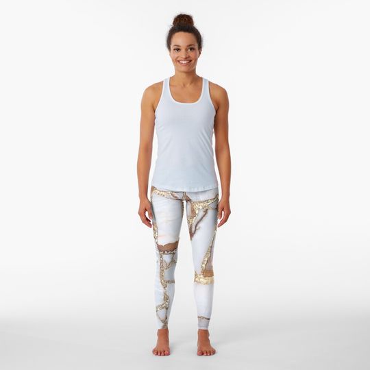 Discover White Gold And Copper Marble Glass Print Leggings