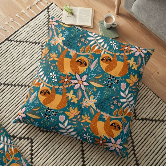 Discover Happy Boho Sloth Floral  Floor Pillow