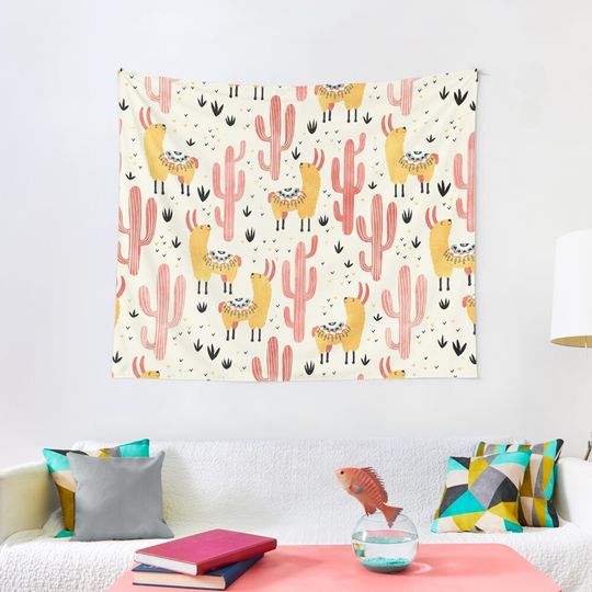Discover Yellow Llamas Red Cacti Tapestry