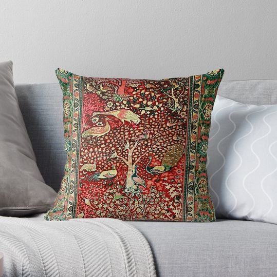 Discover Antique Persian Rug Bird Tree Flowers Throw Pillow