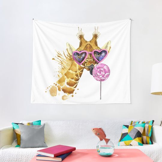 Discover Giraffe Diva with Sunglasses and Lollipop Pastel Watercolor Painting Tapestry
