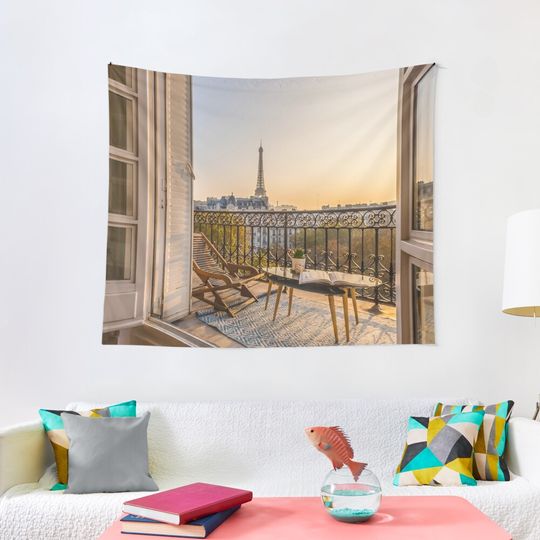 Discover Eiffel Tower view from Paris balcony at sunset Tapestry