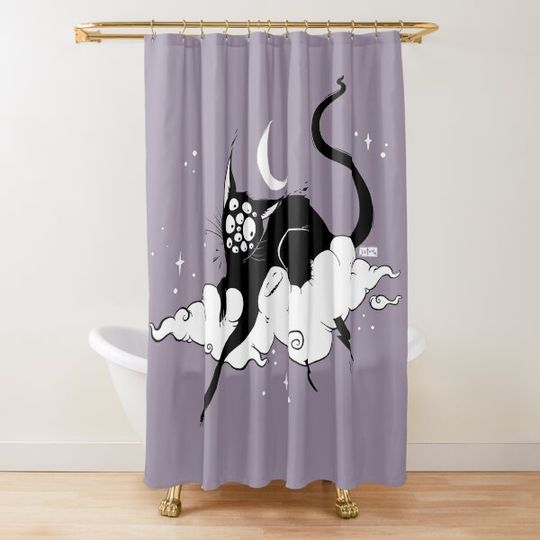 Discover Strange Many Eyed Black Cat On Cloud With Lighting Bolt Shower Curtain