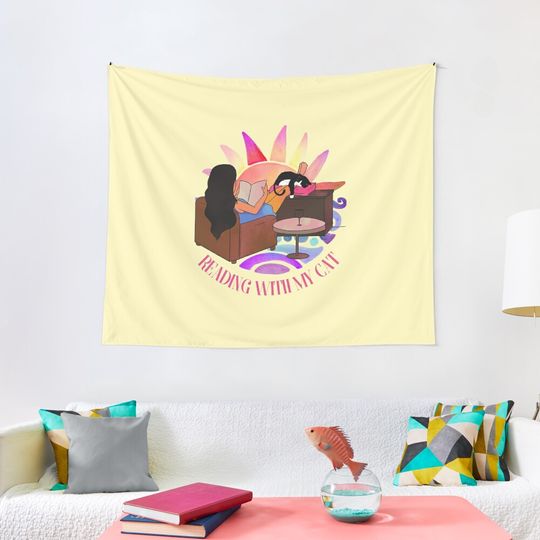 Discover Reading with my cat, cute cat against sunset with girl reading a book Tapestry