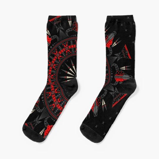 Discover Buffalo Skull and Feathers (Red) Socks