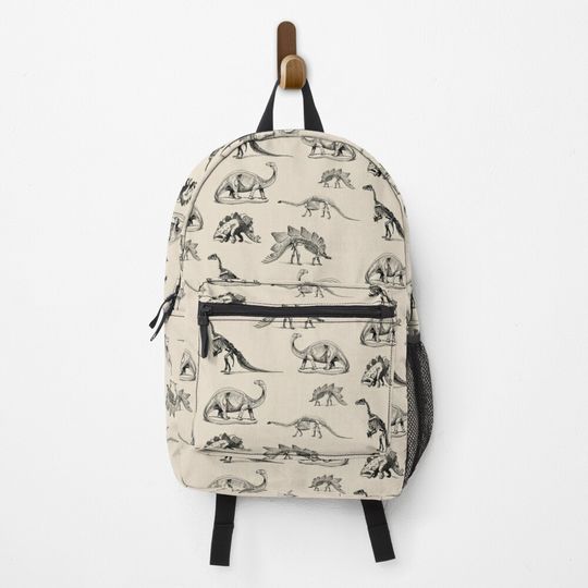 Discover Vintage Museum Dinosaur Skeleton Illustrations Black & Cream Dinos Backpack