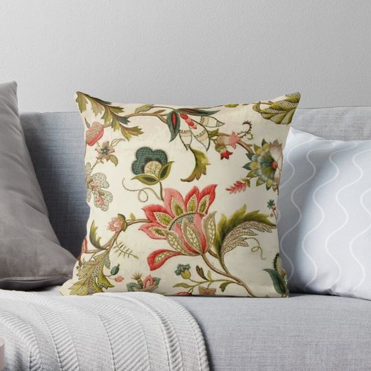 Discover Jacobean Floral Crewel Embroidery Pattern Digital Art Vector Painting Throw Pillow
