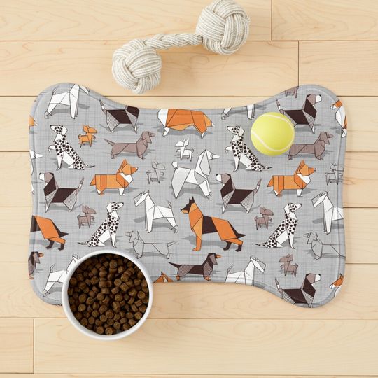 Discover Origami dog friends // gray linen texture background - Pet bowl mat