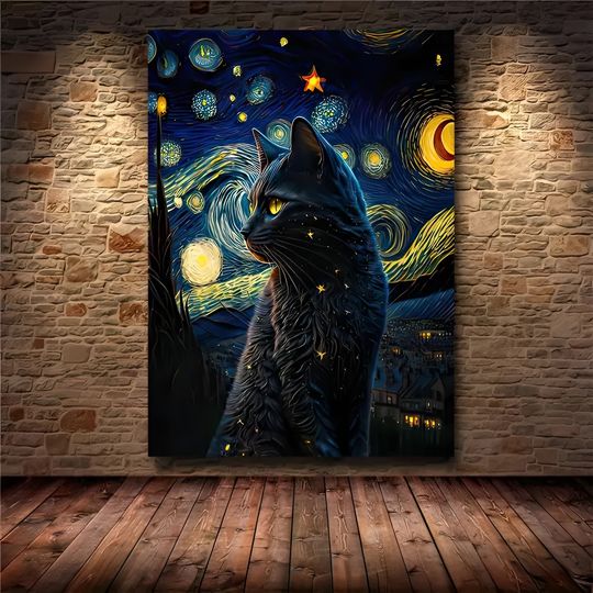 Discover Starry Night Cat Painting Poster - Funny Black Cat Art Decor for Home Bar and Coffee Shop Wall Decoration, Halloween Decoration