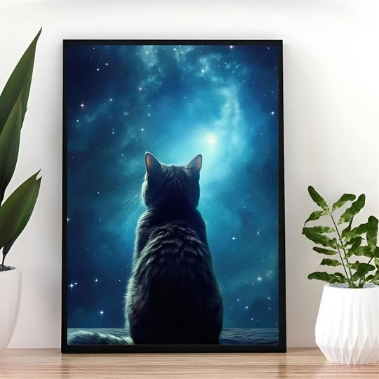 Discover Printed Painting, Cat Looking Up At The Starry Sky Poster, Blue Starry Sky Fantasy Decorative Painting, Wall Decor, Home Room Decor Wall Art Unframed