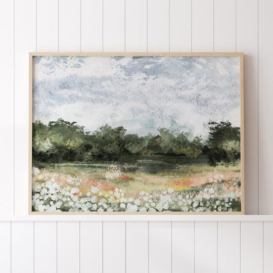 Discover Spring Landscape Print, Neutral Pastel Landscape, Country Farmhouse Landscape Oil Painting, Cloudy Pink Sky, Girls Room