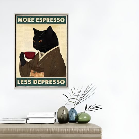 Discover Vintage Black Cat Coffee Art Print, More Espresso Less Depresso Wall Poster, Frameless Decor for Kitchen, Perfect Gift for Coffee Lovers, Halloween Decoration