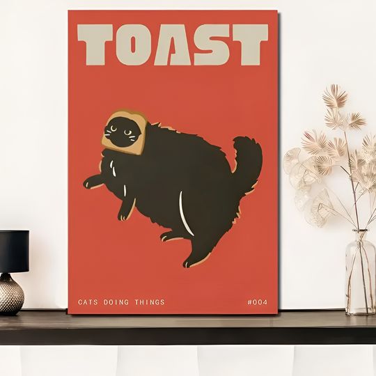 Discover Black Cat Digital Wall Art Print, Funny Cat Poster, Cute Kitten Illustration, Cat Lover Gift, Cat Doing Things Bread Toast Wall Decor, No Frame, Halloween Decoration