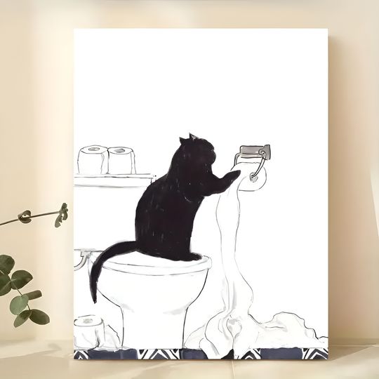 Discover Unframed Poster, Cartoon Art, Black Cat Standing On The Toilet To Take Paper Towels,, Ideal Gift For Bedroom Living Room Corridor, Wall Art, Wall Decor, Winter Decor, Room Decoration