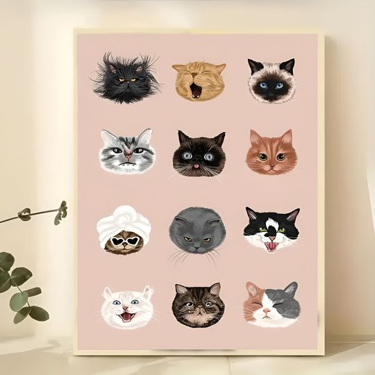 Discover Poster, Cartoon Art, Funny Cat Heads Print Wall Art Animals Nursery Decor Minimalist Cat Painting, Ideal Gift For Bedroom Living Room Corridor, Wall Art, Wall Decor, Fall Decor, Wall Decor, Room Decoration, No Frame