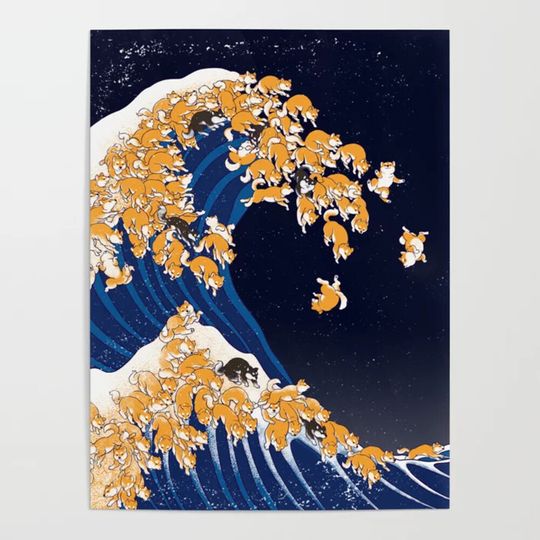 Discover Shiba Inu The Great Wave in Night Poster