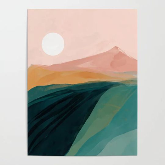 Discover pink, green, gold moon watercolor mountains Poster