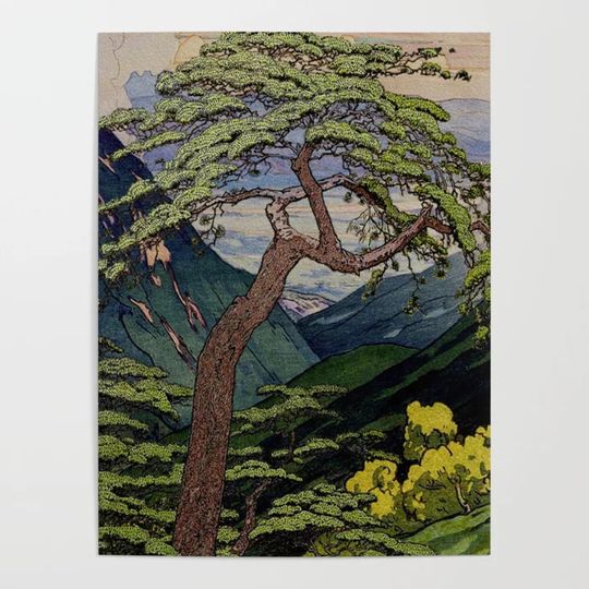 Discover The Downwards Climbing - Summer Tree & Mountain Ukiyoe Nature Landscape in Green Poster