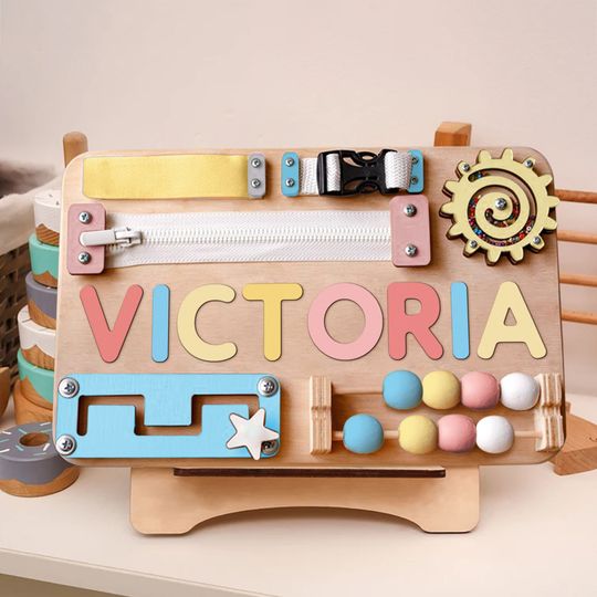 Discover Personalized Busy Board Name Puzzle for Toddlers, Wooden Montessori Toy with Learning