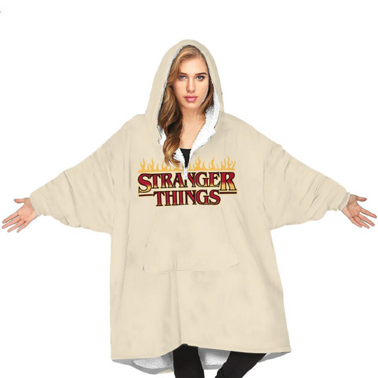 Discover Stranger Things Beige Brand Name Print Blanket Hoodie