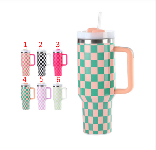 Discover Spot Car Cup 40oz Tumblers, 40oz Checkered Pattern Stainless Steel Mug with Handle