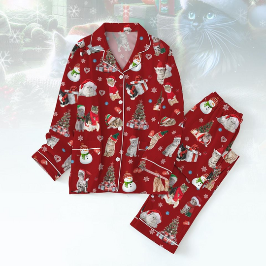 Discover Christmas Cat Pajamas Set, Merry Meowy Santa Hat Pj Set, Cat Lover Pyjamas