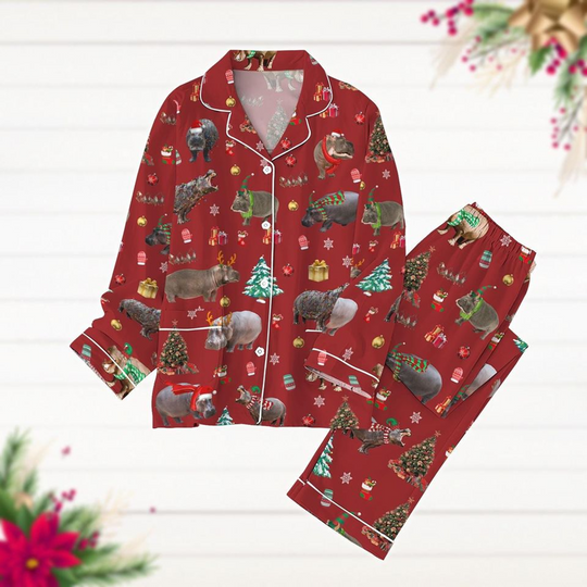 Discover Christmas Hippo Pajamas Set, Hippopotamus Holiday Pajamas, Christmas Tree Pj Set, Winter Season Long Sleeve Pyjamas