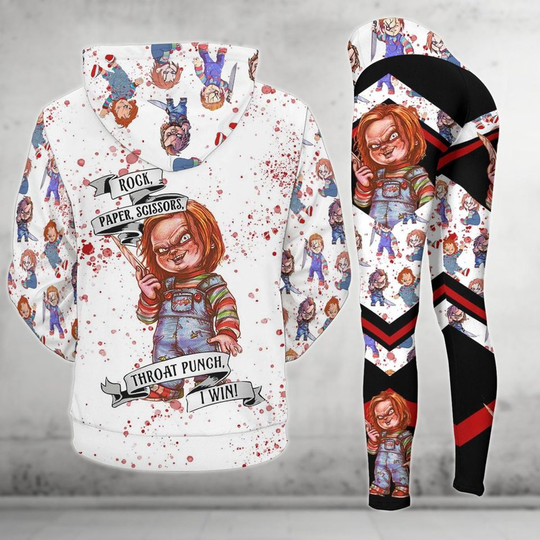 Discover Personalized Chucky Halloween Hoodie And Leggings, Rock Paper Scissors Throat Punch I Win Hoodie