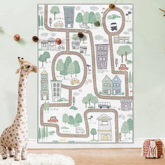 Discover City Life Activity Rug|Driving Rectangular Toddler Carpet|Car Nursery Rug|Traffic Pastel Playmat|Anti Slip Mat for Kid's Room