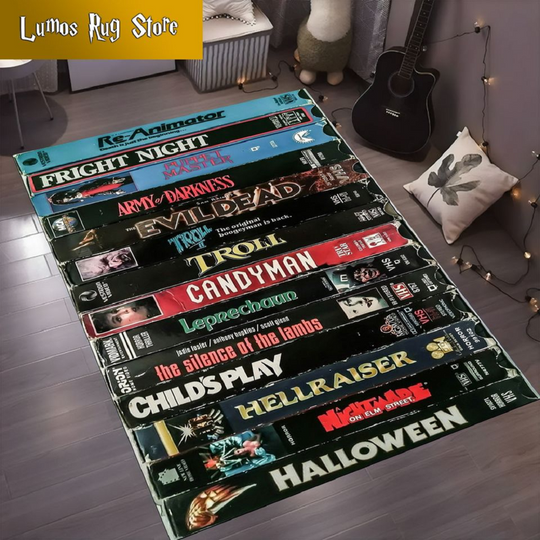 Discover VHS Rug,Retro Movies Rug,Nostalgic Retro Style Rug,Movie Room Rug,Home Theater TV Room,Vhs Case Themed Horror Rug,VHS Films Rug,Modern Rug