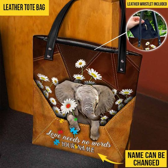 Discover Love Needs No Words Envelope Elephant Daisy - Autism Awareness Personalized Leather Tote Bag