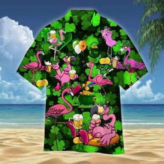 Discover Flamingos Drink Beer St Patrick's Day Hawaiian Shirt, Irish Shamrock Aloha Shirt, Lucky Aloha Shirt