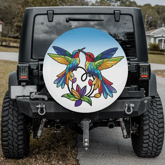Discover Hummingbird Spare Tire Cover, Floral Bird Car Tire Cover, Colorful Bird Tire