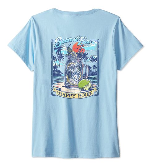 T-shirt de Mulher Verão na Praia Sand Bar Happy Hour Decote em V
