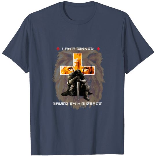 Discover Sinner T-Shirt Sinner Saved By Gods Grace Christian Messages Lion Cross