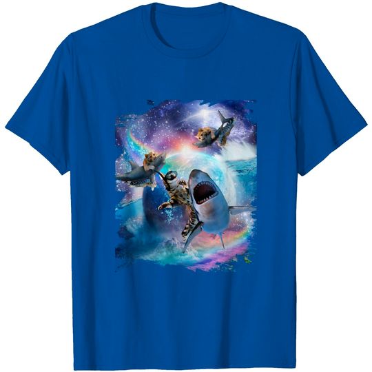 Discover Space Shark T-Shirt Rainbow Galaxy Cat Riding Shark In Space