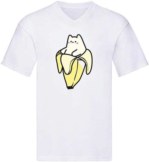 Discover T-shirt Camiseta Decote em V Masculino Feminino Gato e Banana