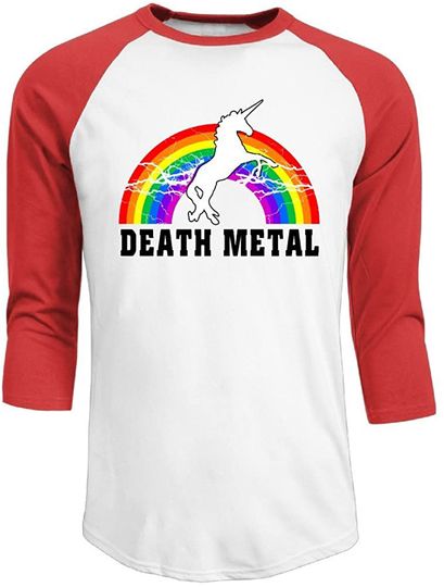 T-shirt Camiseta Manga 3/4 para Homem e Mulher Arco-íris Unicórnio Death Metal