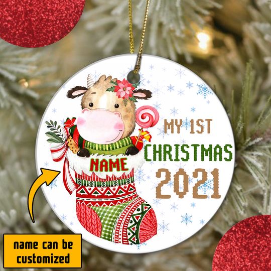 Discover My First Christmas Cow Socks Ceramic Circle Custom Ornament