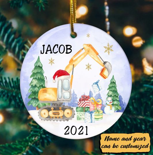 Discover Excavator Christmas Ceramic Circle Custom Ornament