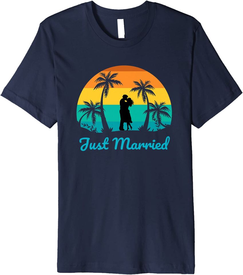 Discover T-Shirt Camiseta de Casal Manga Curta Aniversário de Lua de Mel Paisagem Praia Just Married