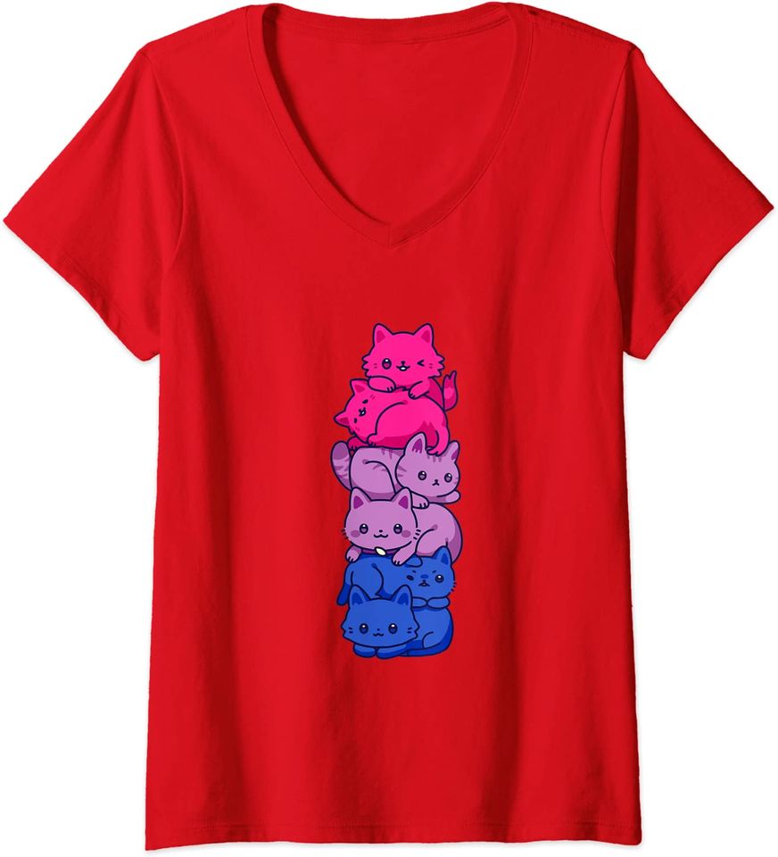 Discover T-shirt de Mulher Bi Pride Cat LGBT Bisexual Bandera com Decote em V