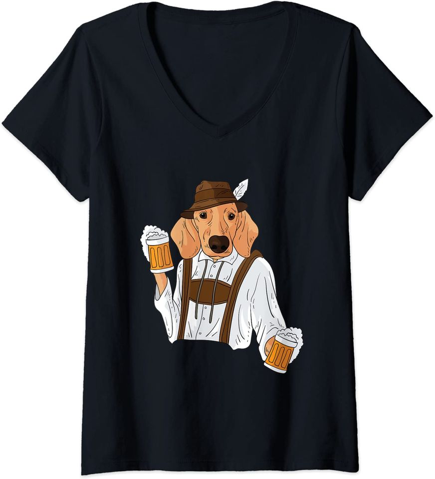 Discover T-shirt de Mulher Divertido Cão Ama Cerveja Decote em V