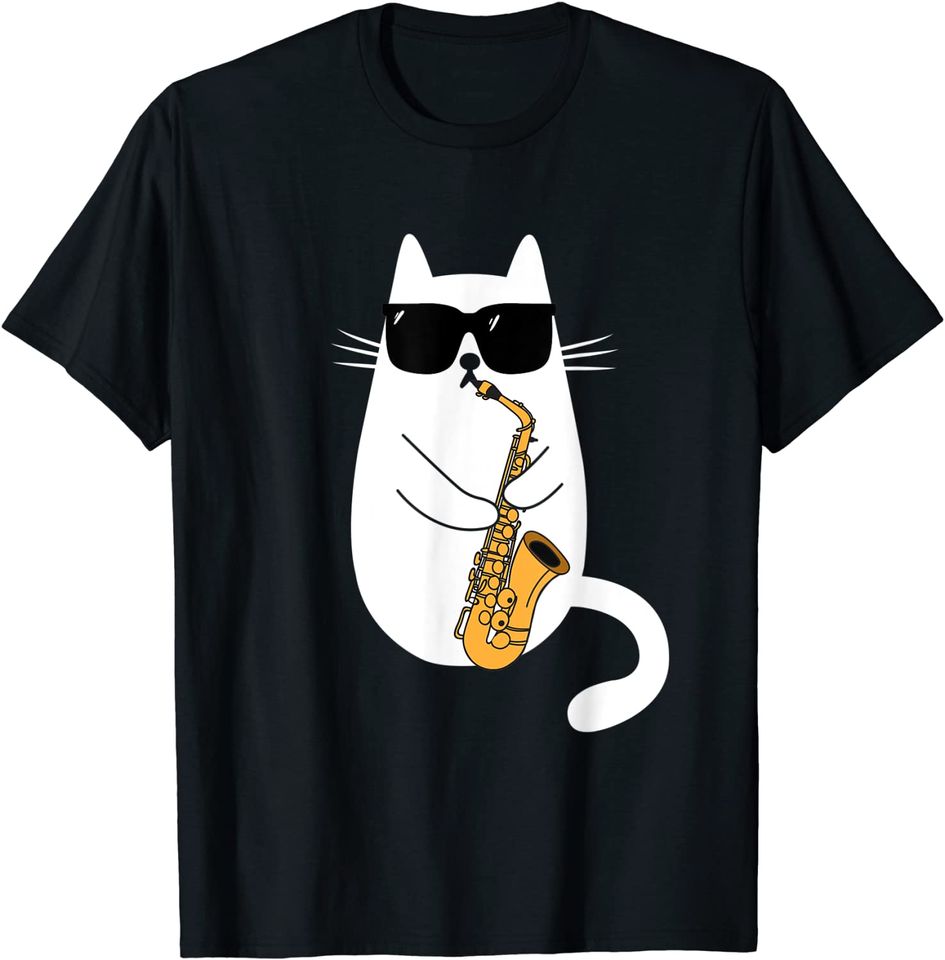 T-shirt Unissexo de Manga Curta Gato com Óculos de Sol Saxofonista