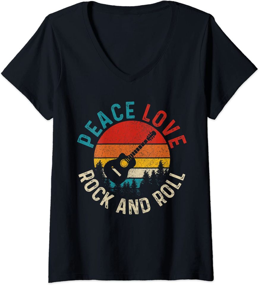 Discover T-shirt para Mulher Peace Love Rock And Roll Decote em V